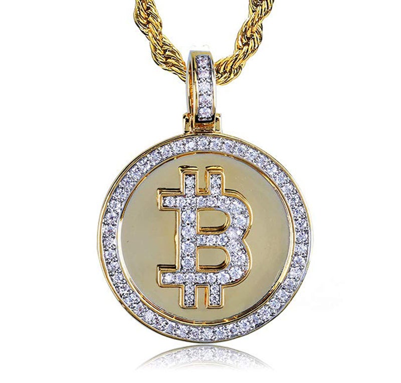 JAJAFOOK Jewelry Fully Iced Out CZ Simulated 14K Gold Plated Bitcoin Cryptocurrency Pendants Necklaces for Men with 24inch Stainless Steel Rope Chain - Image 1